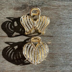 1/$13 2/$15: Gold and Rhinestone Metal Heart & Bow Hair Clips